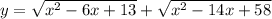 y= \sqrt{ x^{2} -6x+13}+ \sqrt{ x^{2} -14x+58}