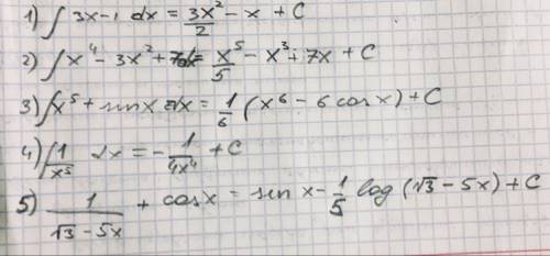Решить ! первообразную f(x), если f(x): 1) 3x-1 2) x^4-3x^2+7 3) x^5+sinx 4) 1/x^5 5) (1/√3-5x)+cosx
