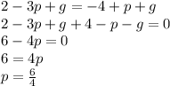 2-3p+g = -4 + p + g \\ 2-3p+g+4-p-g = 0 \\ 6 -4p = 0 \\ 6 = 4p \\ p = \frac{6}{4}