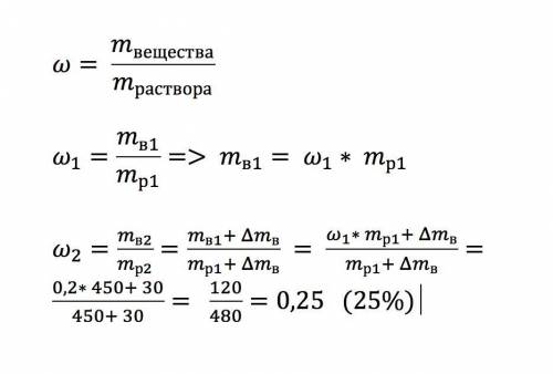 Определите концентрацию раствора если в 450 но 20% раствора добавили 30 грамм соли