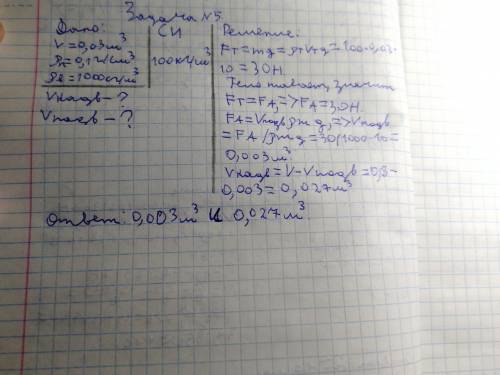 Большой кусок пенопласта объёмом 0,03 м3 и плотностью 0,1 г/см3 плавает в воде. каковы объёмы погруж