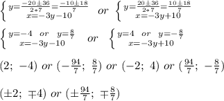 \left \{ {y=\frac{-20\pm36}{2*7}=\frac{-10\pm18}{7}} \atop {x=-3y-10}} \right.\ or\ \left \{ {{y=\frac{20\pm36}{2*7}=\frac{10\pm18}{7}} \atop {x=-3y+10}} \right. \\\\&#10; \left \{ {{y=-4\ \ or\ \ y=\frac{8}{7}} \atop {x=-3y-10}} \right.\ \ or\ \ \left \{ {{y=4\ \ or\ \ y=-\frac{8}{7}} \atop {x=-3y+10}} \right. \\\\&#10;(2;\ -4)\ or\ (-\frac{94}{7};\ \frac{8}{7})\ or\ (-2;\ 4)\ or\ (\frac{94}{7};\ -\frac{8}{7})\\\\&#10;(\pm2;\ \mp4)\ or\ (\pm\frac{94}{7};\ \mp\frac{8}{7})