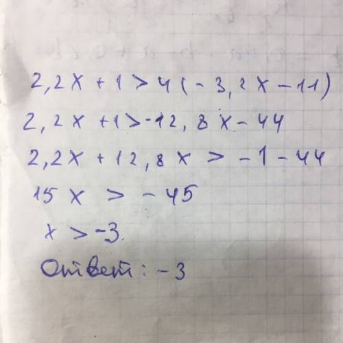 2,2х+1> 4(-3,2х-11) найдите наименьшее целое число,которое является решением неравенства