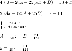 4*0+20A+25(Ax + B) = 13 + x \\ \\ 25Ax + (20A+25B) = x + 13 \\ \\ \left \{ {{25A=1} \atop {20A+25B=13}} \right. \\ \\ A = \frac{1}{25}; \:\:\:\:\:\: B = \frac{61}{125} \\ \\ y = \frac{1}{25} x + \frac{61}{125}