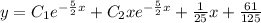 y = C_1 e^{- \frac{5}{2} x} + C_2 x e^{- \frac{5}{2} x} + \frac{1}{25} x + \frac{61}{125}