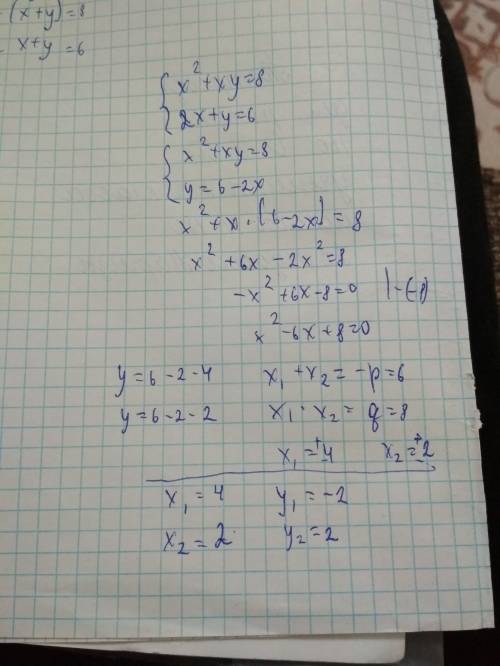 15.5 решите систему уравнений { x²+xy=8} {2x+y=6}