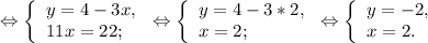 \Leftrightarrow\left \{ \begin{array}{lcl} {{y=4-3x,} \\ {11x=22;}} \end{array} \right.\Leftrightarrow\left \{ \begin{array}{lcl} {{y=4-3*2,} \\ {x=2;}} \end{array} \right.\Leftrightarrow\left \{ \begin{array}{lcl} {{y=-2,} \\ {x=2.}} \end{array} \right.