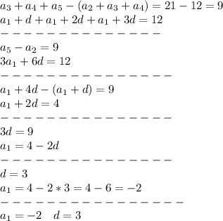 a_3+a_4+a_5-(a_2+a_3+a_4)=21-12=9\\&#10;a_1+d+a_1+2d+a_1+3d=12\\&#10;--------------\\&#10;a_5-a_2=9\\&#10;3a_1+6d=12\\&#10;---------------\\&#10;a_1+4d-(a_1+d)=9\\&#10;a_1+2d=4\\&#10;---------------\\&#10;3d=9\\&#10;a_1=4-2d\\&#10;---------------\\&#10;d=3\\&#10;a_1=4-2*3=4-6=-2\\&#10;----------------\\&#10;a_1=-2\ \ \ d=3