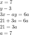 x = 7 \\ y - 3 \\ 3x - ay = 6a \\ 21 + 3a = 6a \\ 21 = 3a \\ a = 7