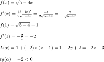 f(x)=\sqrt{5-4x}\\\\ f'(x)=\frac{(5-4x)'}{2\sqrt{5-4x}}=\frac{-4}{2\sqrt{5-4x}}=-\frac{2}{\sqrt{5-4x}}\\\\ f(1)=\sqrt{5-4}=1\\\\ f'(1)=-\frac{2}{1}=-2\\\\ L(x)=1+(-2)*(x-1)=1-2x+2=-2x+3\\\\ tg(\alpha)=-2\ \textless \ 0