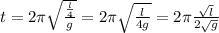 t = 2\pi \sqrt{ \frac{ \frac{l}{4} }{g} } = 2\pi \sqrt{ \frac{l}{4g} } = 2\pi \frac{ \sqrt{l} }{2 \sqrt{g} }