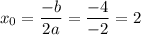 x_{0} = \dfrac{-b}{2a} = \dfrac{-4}{-2} =2