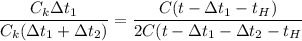 \dfrac{C_{k}зt_{1}}{C_{k} ( зt_{1} + зt_{2})}= \dfrac{C( t - зt_{1} -t_{H} )}{ 2C( t - зt_{1} - зt_{2}-t_{H} }