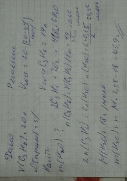 20л пропена содержащего 5% примесей сгорело .найди массу образовавшейся воды.