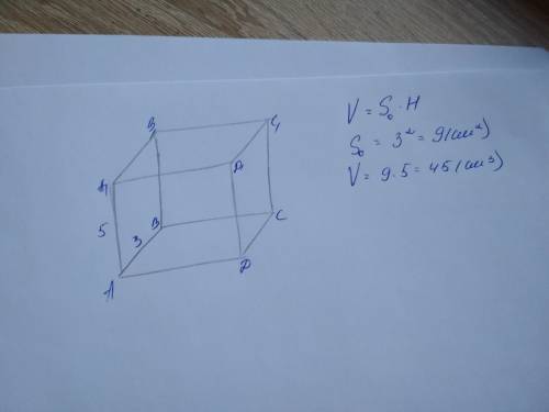 Знайдіть об'єм правильної чотирикутної призми, сторона основи якої дорівнює 3 см, а бічне ребро — 5