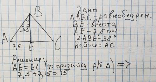 Вр/б треугольнике авс с основанием ас, отрезок ве-высота. найдите ас, если ае= 7,5 см и угол аве = 3