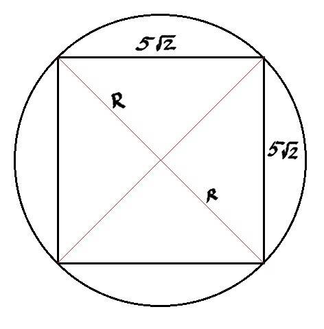 Найти длину окружности описанной около квадрата со стороной 5√2