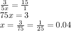 \frac{3}{5x} =\frac{15}{1} \\75x=3\\x=\frac{3}{75} =\frac{1}{25}=0.04