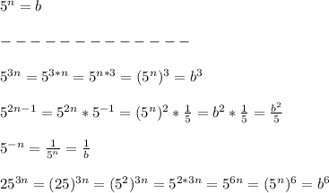 5^n=b\\\\&#10;-------------\\\\&#10;5^{3n}=5^{3*n}=5^{n*3}=(5^n)^3=b^3\\\\&#10;5^{2n-1}=5^{2n}*5^{-1}=(5^n)^2*\frac{1}{5}=b^2*\frac{1}{5}=\frac{b^2}{5}\\\\&#10;5^{-n}=\frac{1}{5^n}=\frac{1}{b}\\\\&#10;25^{3n}=(25)^{3n}=(5^2)^{3n}=5^{2*3n}=5^{6n}=(5^n)^6=b^6