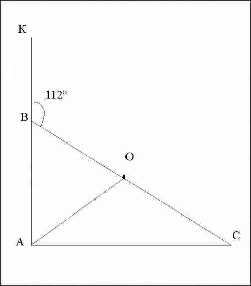 Впрямоугольном треугольнике abc внешний угол при вершине b равен 112, угол c- острый. медиана ao пер
