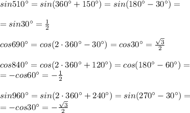 sin510^\circ =sin(360^\circ +150^\circ )=sin(180^\circ -30^\circ )=\\\\=sin30^\circ =\frac{1}{2}\\\\cos690^\circ =cos(2\cdot 360^\circ -30^\circ )=cos30^\circ =\frac{\sqrt3}{2}\\\\cos840^\circ =cos(2\cdot 360^\circ +120^\circ )=cos(180^\circ -60^\circ )=\\=-cos60^\circ =-\frac{1}{2}\\\\sin960^\circ =sin(2\cdot 360^\circ +240^\circ )=sin(270^\circ -30^\circ )=\\=-cos30^\circ =-\frac{\sqrt3}{2}