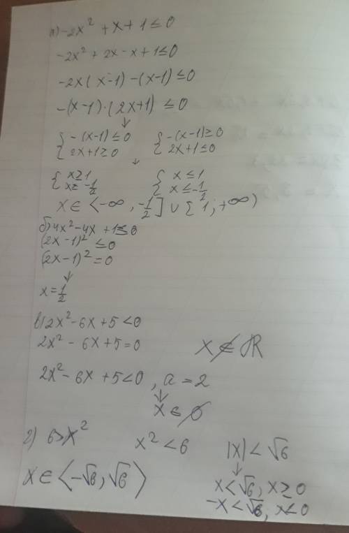 Решите неравенства -2x^²+x+1≤0 4x²-4x+1≤0 2x²-6x+5< 0 6> x²