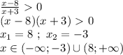 \frac{x-8}{x+3} \ \textgreater \ 0 \\ (x-8)(x+3)\ \textgreater \ 0 \\ x_1 = 8 \ ; \ x_2=-3 \\ x \in (-\infty;-3) \cup (8;+\infty)