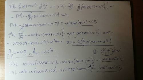 Уравнение колебаний точки имеет вид х(t)=0,2cos(100пt+o,1п) cm.найти 1) амплитуду скорости; 2) ампли