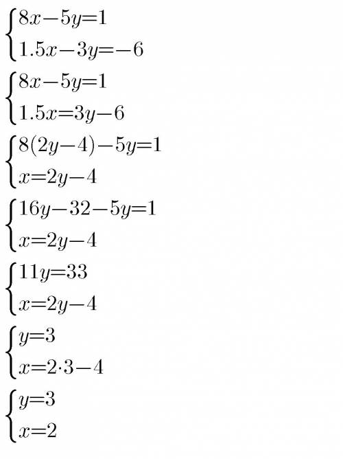 Найдите точку пересечения прямых 8x-5y=1 и 1,5x-3y=-6