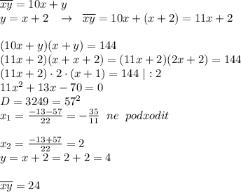 \overline {xy}=10x+y\\y=x+2\; \; \; \to \; \; \overline{xy}=10x+(x+2)=11x+2\\\\(10x+y)(x+y)=144\\(11x+2)(x+x+2)=(11x+2)(2x+2)=144\\(11x+2)\cdot 2\cdot (x+1)=144\ |:2\\11x^2+13x-70=0\\D=3249=57^2\\x_1=\frac{-13-57}{22}=-\frac{35}{11}\; \; ne\; \; podxodit\\\\x_2=\frac{-13+57}{22}=2\\y=x+2=2+2=4\\\\\overline {xy}=24
