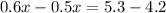 0.6x - 0.5x = 5.3 - 4.2