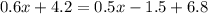 0.6x + 4.2 = 0.5x - 1.5 + 6.8