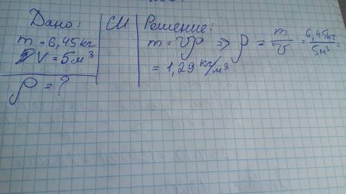 Найдите плотность воздуха в кг/м^3 если известно что 5^3 воздуха имеют массу 6,45кг. желательно дано