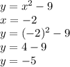 y=x^2-9 \\ x = -2 \\ y=(-2)^2-9 \\ y = 4-9 \\ y = -5