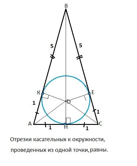 Точка дотику вписаного кола ділить бічну сторону рівнобедренного трикутника на відрізки 4см і 5см ра