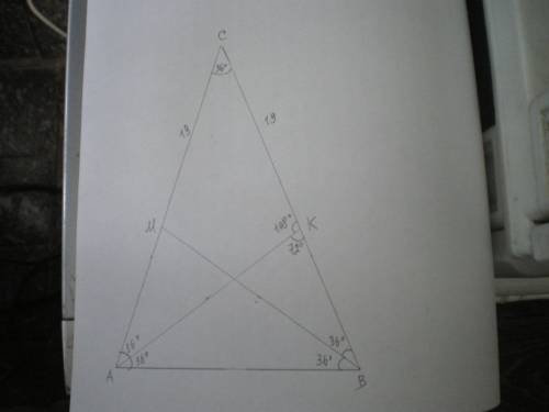 Вравнобедренном треугольнике авс угол при вершине с = 36*. вм и ак - биссектрисы углов в и а соответ