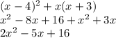 (x-4)^2+x(x+3) \\ x^2-8x+16+x^2+3x \\ 2x^2-5x+16