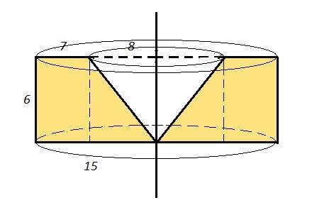 Прямоугольная трапеция с основаниями 7 и 15 см и высотой 6 см вращается около прямой, проходящей чер