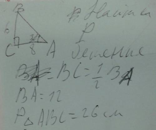 Впрямоугольном треугольнике abc угол с=90 градусов,угол а=30 градусов, катет вс= 6 см, катет ас=8 см