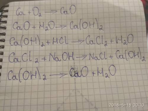 Напишіть рівняння реакцій,за яких можна здійснити перетворення речовини: ca-cao-ca(oh)2-cacl2-ca(oh)