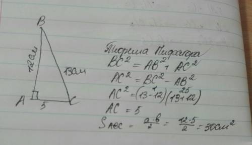 Гипотенуза прямоугольного треугольника равняется 13 см, а один из катетов =12 см. найлите площадь тр