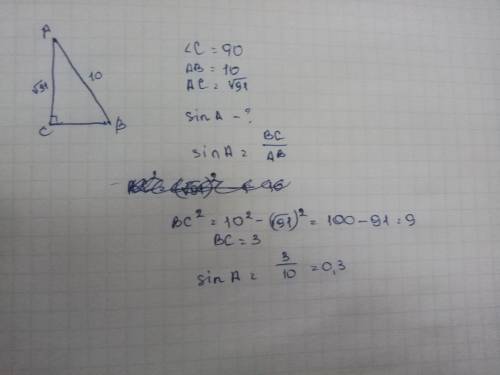 Втреугольнике abc угол c равен 90 градусам, ab равен 10, ас равен корень из 91. найдите синус а
