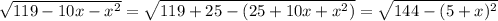 \sqrt{119-10x-x^2}= \sqrt{119+25-(25+10x+x^2)} = \sqrt{144-(5+x)^2}