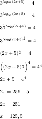 3^{log_{81}(2x+5)}=4\\\\3^{log_{3^4}(2x+5)}=4\\\\3^{\frac{1}{4}log_3(2x+5)}=4\\\\3^{log_3(2x+5)^{\frac{1}{4}}}=4\\\\(2x+5)^{\frac{1}{4}}=4\\\\\Big ((2x+5)^{\frac{1}{4}}\Big )^4=4^4\\\\2x+5=4^4\\\\2x=256-5\\\\2x=251\\\\x=125,5