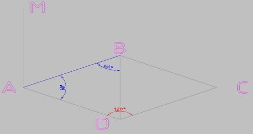 Пряма ма перпендикулярна до сторони ав і діагональ ас ромба abcd. знайдіть кут між площинами мав і m