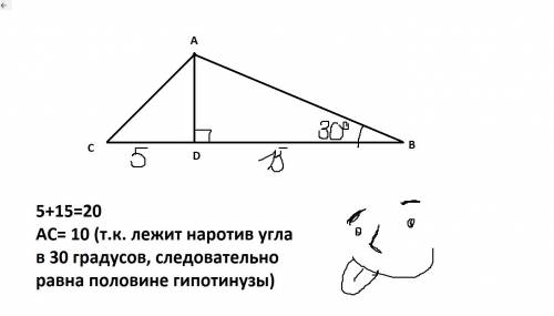 Висота ad трикутника abc ділить сторону вс на відрізки bd i cd так, що bd=15 cм, cd=5 см. знайдіть с