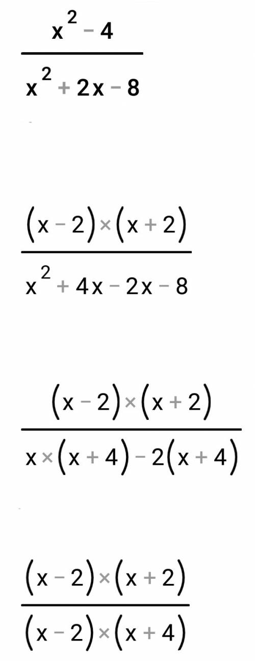Сократи дробь x^2−4/x^2+2x−8 получаем дробь x ? ? x ? ? (знак действия вводи в отдельное окошечко)