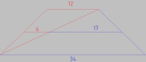 Основания трапеции равны 12 и 34. найдите меньший из отрезков, на которые делит среднию линию этой т