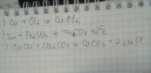 Запишите уравнения реакций на основе предложенных схем: a) cu+cl2 > б) zn + fe2so4> в) cacl2 +