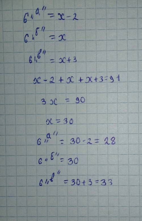 Втрех шестых классах 91 ученик.в 6а на 2 ученика меньше,чем в 6б,а в 6в на 3 ученика больше,че